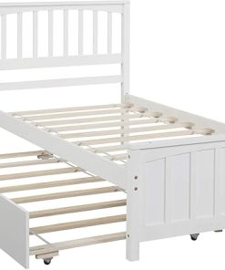 Kids Twin Bed Frame with Trundle No Box Spring Needed White