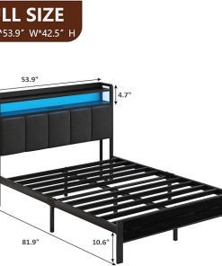 Full Size Upholstered Bed Frame with Storage Headboard and LED Lights 2