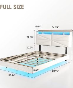 Floating Bed Frame with Storage Headboard USB Charging LED Lights Beige 2