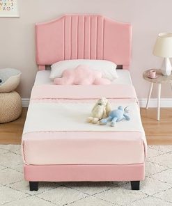 Twin Bed Frame Upholstered Platform with Headboard in Light Pink