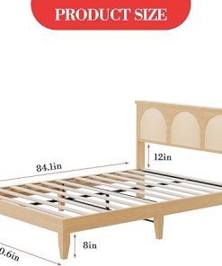 Queen Bed Frame Rattan Headboard LED Lights Sturdy Wooden Support 2
