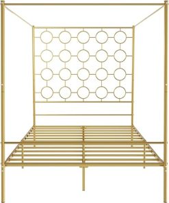 Vintage Queen Canopy Bed Frame with Modern Gold Metal Platform 2