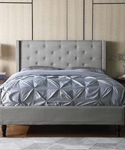 Queen Platform Bed Frame with Grey Linen Tufted Headboard Easy Assembly 2