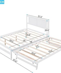 Wooden Full Size Bed Frame with Adjustable Trundle for Kids and Teens 2