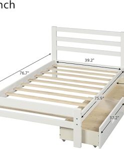 Merax Twin Wood Platform Bed with Drawers and Headboard in White 2