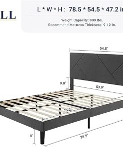 Dark Grey Full Size Upholstered Bed Frame with Geometric Headboard 2