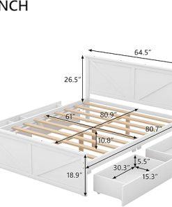 Queen Size Wooden Platform Bed Frame with 4 Storage Drawers White 2