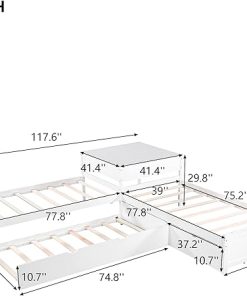 L Shaped Platform Bed with Trundle and Drawers, Wooden Twin Corner Bed Frame Linked with Built-in Desk for 3 People, White 2