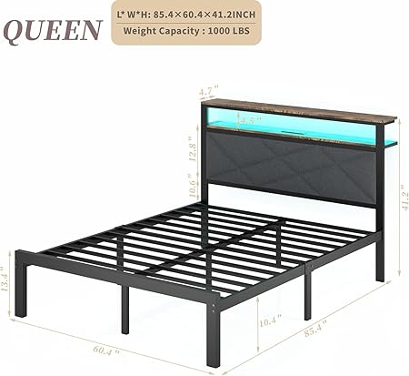 Queen Bed Frame with Charging Station LED Lights Heavy Duty Storage Dark Gray 2 Queen Bed Frame with Charging Station LED Lights Heavy Duty Storage Dark Gray - Image 2