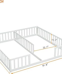 Double Twin Bed Frames for Kids with Wood Guardrails in White 2
