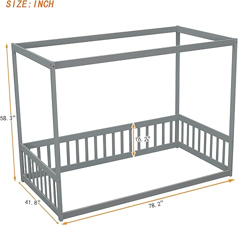 Twin Size Canopy Bed Frame for Kids with Guardrail Easy Assembly Grey 2 Twin Size Canopy Bed Frame for Kids with Guardrail Easy Assembly Grey - Image 2