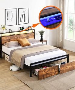 Queen Size Bed Frame with Storage and USB Ports, Metal Platform