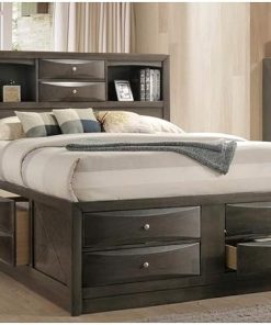 Wood Bed Frame with Storage Drawers and Headboard Shelf in Gray Oak