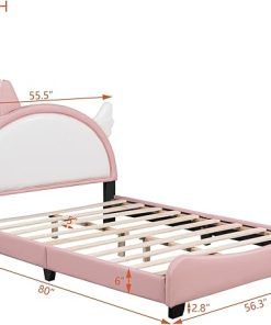 Kids Full Bed with Unicorn Headboard, PU Upholstered Platform Frame 2
