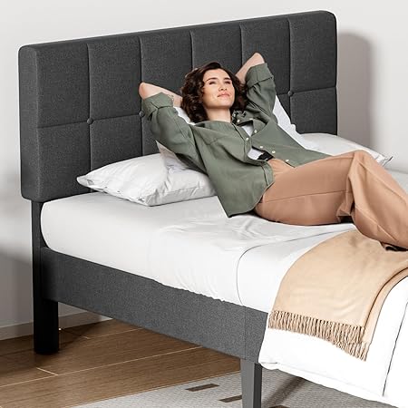 Twin Size Wood Bed Frame Linen Upholstered Platform Bed No Box Spring Twin Size Wood Bed Frame Linen Upholstered Platform Bed No Box Spring