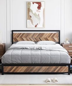 Queen Size Bed Frame with Storage Drawers and Rustic Wood Headboard