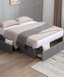 Queen Platform Bed Frame with 4 Storage Drawers and Metal Slats