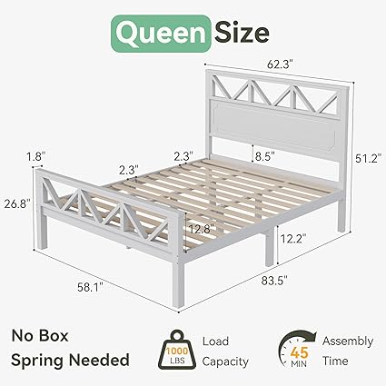 Queen Bed Frame Solid Wood Platform with Headboard Heavy Duty Light Gray 2 Queen Bed Frame Solid Wood Platform with Headboard Heavy Duty Light Gray - Image 2