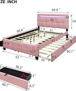 Queen Size Upholstered Bed Frame with LED Headboard and Trundle 2