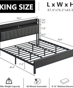 King Size Bed Frame with LED Lights and Charging Station, Black 2