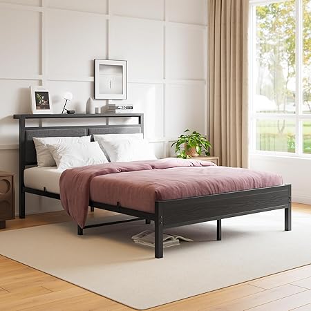 Full Size Fabric Bed Frame with Upholstered Headboard and Storage Full Size Fabric Bed Frame with Upholstered Headboard and Storage