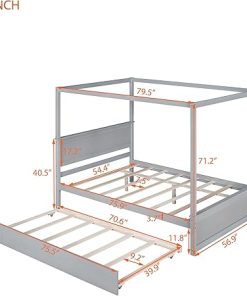 Softsea Full Size Canopy Bed Frame with Trundle and Headboard Gray 2