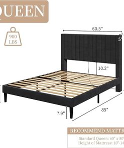 Queen Size Velvet Tufted Bed Frame with Charging Station Black 2