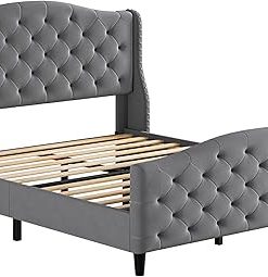 GAOMON Queen Velvet Bed Frame with Wingback Headboard in Grey