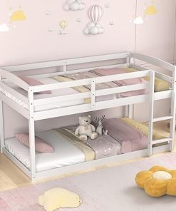 Twin Over Twin Low Wood Bunk Bed Frame with Safety Guardrails White
