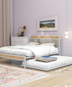 Queen Size Metal Platform Bed Frame with Twin Trundle and USB Ports