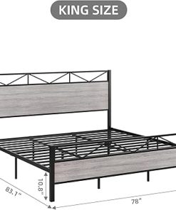 Senfot King Bed Frame Rustic Wood Headboard Heavy Duty Metal Frame 2