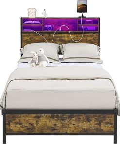 Twin Bed Frame with Bookcase Headboard and Charging Station Lights