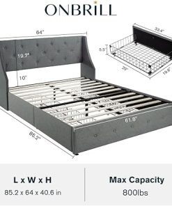 Queen Size Upholstered Platform Bed Frame with Storage Drawers Grey 2