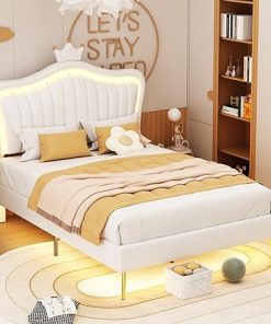 Modern LED Full Bed Frame for Kids with Crown Headboard White