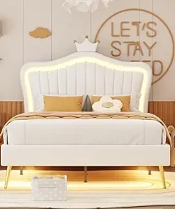 Princess Bed Frame with LED Lights Crown Headboard for Kids Teens 2