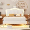 Princess Bed Frame with LED Lights Crown Headboard for Kids Teens
