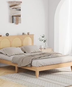 Queen Bed Frame Rattan Headboard LED Lights Sturdy Wooden Support