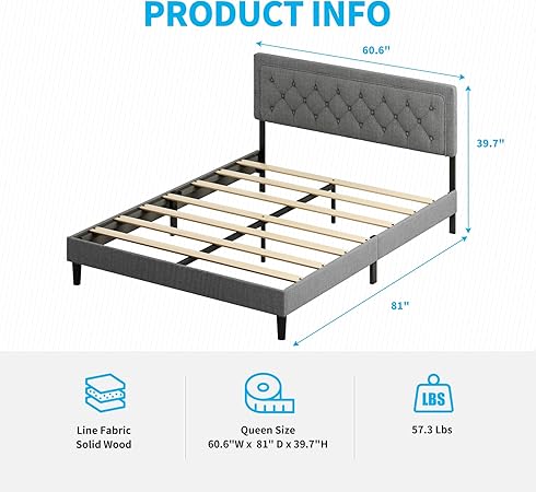 Queen Size Bed Frame with Adjustable Headboard in Dark Grey Linen 2 Queen Size Bed Frame with Adjustable Headboard in Dark Grey Linen - Image 2