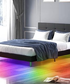 Queen Size Bed Frame with RGB LED Lights Black Upholstered Platform