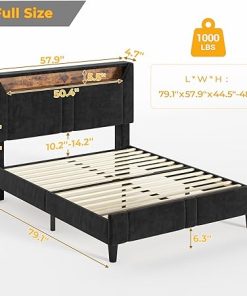 Full Size Bed Frame LED Lights Hidden Storage Velvet Upholstered 2