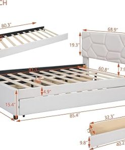 Queen Size Upholstered Platform Bed with Twin XL Size Trundle & 2 Drawers,Linen Fabric Tufted Bed Frame W/Brick Pattern Headboard and Wood Slats Support for Bedroom,Apartment,Beige 2