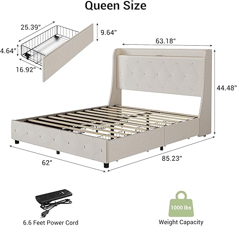 Queen Bed Frame with Headboard and 4 Storage Drawers, Noise-Free 2 Queen Bed Frame with Headboard and 4 Storage Drawers, Noise-Free - Image 2