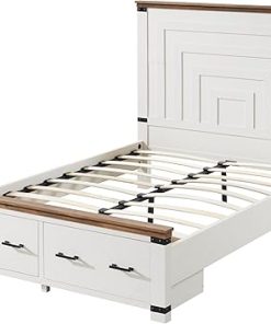 Farmhouse Queen Bed Frame 54″ Tall with Storage Drawers Antique White