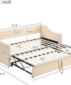 Velvet Twin Daybed with Pop Up Trundle – Modern Upholstered Bed Beige 2