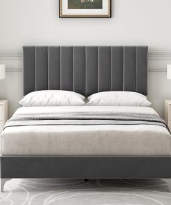 Queen Size Velvet Bed Frame with Adjustable Headboard, Grey