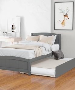 Twin Trundle Bed Frame with Headboard for Kids and Teens in Gray 2