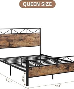Queen Size Bed Frame with Headboard, Industrial Platform Queen Bed Frame with 14 Strong Metal Slats Support, 11” Under-Bed Storage, No Noise, Easy Assembly, Rustic Brown 2