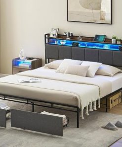 Queen Bed Frame with Storage Headboard and Charging Station, Brown