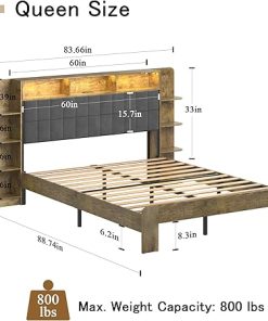 Queen Bed Frame with Linen Headboard and Storage Shelves 2