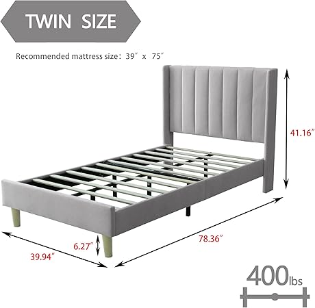 Twin Upholstered Platform Bed Frame with Headboard and Steel Support 2 Twin Upholstered Platform Bed Frame with Headboard and Steel Support - Image 2